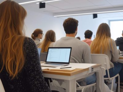 Alumnos de una maestría sentados en clase en la universidad en España